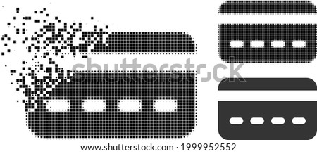 Dissolved pixelated credit card icon with halftone version. Vector destruction effect for credit card icon. Pixelated erosion process for credit card shows movement of virtual objects.