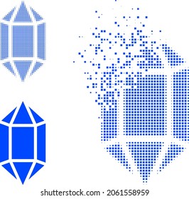 Glifo de cristal pixelado disuelto con versión de semitono. Efecto de viento vectorial para el icono de cristal. El efecto de abrasión pixelada para el cristal muestra el movimiento de objetos virtuales.