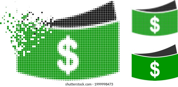 Pictograma de billetes de dólares pixelados disueltos con versión de semitono. Efecto de destrucción de vectores para el pictograma de billetes en dólares. El proceso de destrucción de píxeles para los billetes de dólares da velocidad al mundo del ciberespacio.
