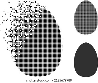 Dissolved pixelated egg vector icon with wind effect, and original vector image. Pixel transformation effect for egg shows speed and movement of cyberspace items.