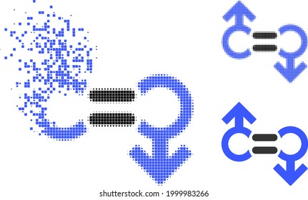 Dissolved pixelated gay relation symbol glyph with halftone version. Vector wind effect for gay relation symbol.