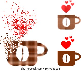 Glifo de taza de café de amor pixelado disuelto con versión de semitono. Efecto de destrucción de vectores para el icono de taza de café de amor. El efecto de disolución pixelada para la taza de café de amor da velocidad a los objetos virtuales.