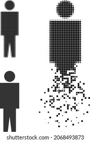 Dissolved pixelated man person icon with halftone version. Vector wind effect for man person pictogram. Pixelated disappearing effect for man person reproduces speed of cyberspace concepts.