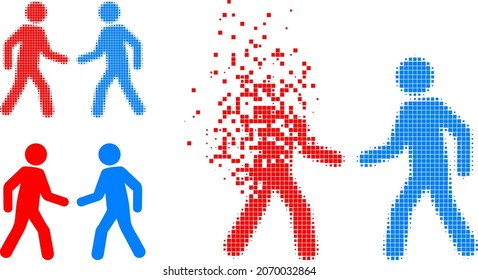 Dissolved pixelated men meeting pictogram with halftone version. Vector destruction effect for men meeting pictogram.