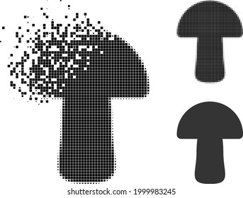 Dissolved pixelated mushroom pictogram with halftone version. Vector destruction effect for mushroom pictogram. Pixelated explosion effect for mushroom demonstrates speed of virtual matter.