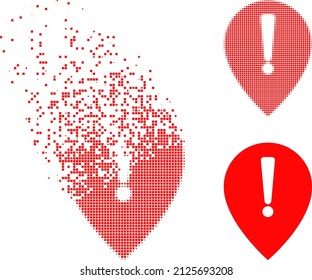 Dissolved pixelated notice map pointer vector icon with wind effect, and original vector image. Pixel erosion effect for notice map pointer demonstrates speed and movement of cyberspace abstractions.