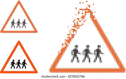 Dissolved pixelated pedestrian men warning icon with halftone version. Vector destruction effect for pedestrian men warning symbol.