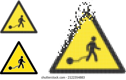 Dissolved pixelated slave danger pictogram with halftone version. Vector wind effect for slave danger pictogram. Pixelated dissipating effect for slave danger gives speed of cyberspace concepts.