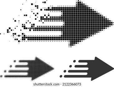 Dissolved pixelated speed process glyph with halftone version. Vector destruction effect for speed process symbol. Pixelated destruction effect for speed process gives speed of virtual things.