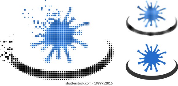 Piktogramm mit gepixeltem Virusgebiet mit Halbtonversion. Vektorwindeffekt für das Symbol für den Virenbereich. Der Pixelauflösungseffekt für den Virenbereich gibt Bewegung von virtuellen Objekten.