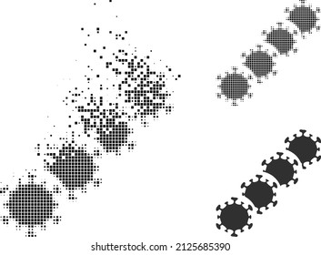Dissolved pixelated virus blockchain vector icon with destruction effect, and original vector image. Pixel dissolution effect for virus blockchain shows speed and motion of cyberspace things.