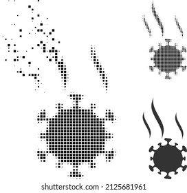 Dissolved pixelated virus spray vector icon with destruction effect, and original vector image. Pixel destruction effect for virus spray demonstrates speed and movement of cyberspace concepts.