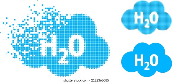 Dissolved pixelated water cloud pictogram with halftone version. Vector wind effect for water cloud pictogram. Pixelated defragmentation effect for water cloud gives speed of virtual objects.