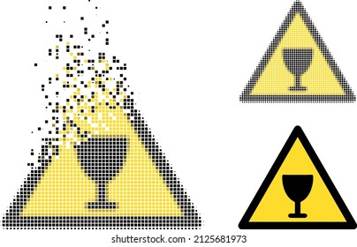 Dissolved pixelated wine glass warning vector icon with wind effect, and original vector image. Pixel mist effect for wine glass warning shows speed and movement of cyberspace matter.