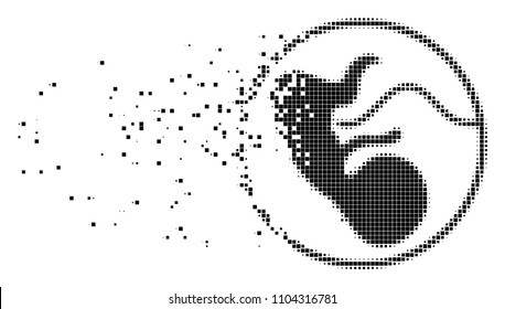 Dissolved prenatal dotted vector icon with disintegration effect. Square dots are arranged into damaging prenatal form. Pixel fragmentation effect shows speed and movement of cyberspace concepts.