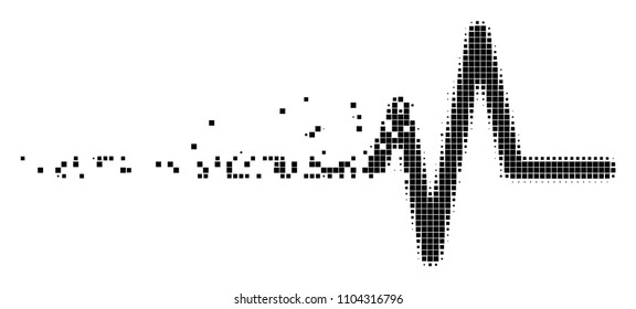 Dissolved pulse dot vector icon with disintegration effect. Square elements are composed into disappearing pulse figure. Pixel disintegrating effect demonstrates speed and motion of cyberspace things.