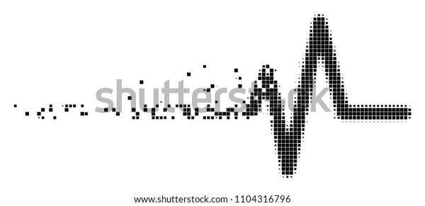 Dissolved pulse dot vector icon with\
disintegration effect. Square elements are composed into\
disappearing pulse figure. Pixel disintegrating effect demonstrates\
speed and motion of cyberspace\
things.