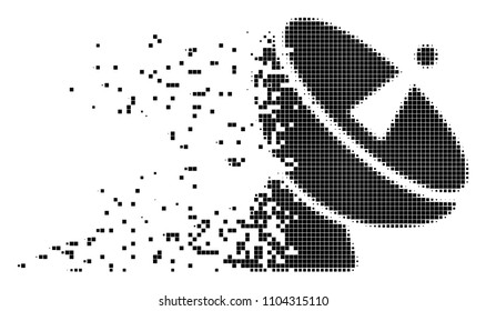 Dissolved radio telescope dotted vector icon with disintegration effect. Square points are organized into disappearing radio telescope form.