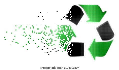 Dissolved recycle arrows dotted vector icon with disintegration effect. Square cells are arranged into dissolving recycle arrows shape. Pixel burst effect shows speed and motion of cyberspace objects.