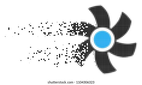 Dissolved rotor dotted vector icon with disintegration effect. Rectangle elements are organized into damaging rotor form. Pixel explosion effect shows speed and motion of cyberspace matter.