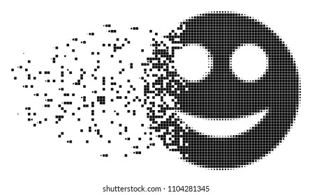 Dissolved smile dotted vector icon with disintegration effect. Square elements are grouped into dissolving smile shape.