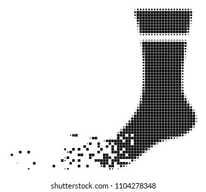 Dissolved sock dot vector icon with disintegration effect. Square dots are arranged into dissolving sock figure. Pixel disintegration effect demonstrates speed and movement of cyberspace objects.