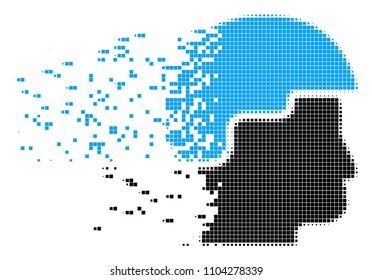 Dissolved soldier helmet dot vector icon with disintegration effect. Rectangle cells are grouped into dissipated soldier helmet shape. Pixel dust effect shows speed and movement of cyberspace things.