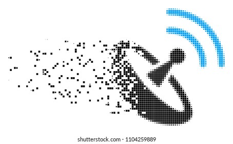 Dissolved space antenna dotted vector icon with disintegration effect. Rectangular pieces are organized into dissipated space antenna figure.
