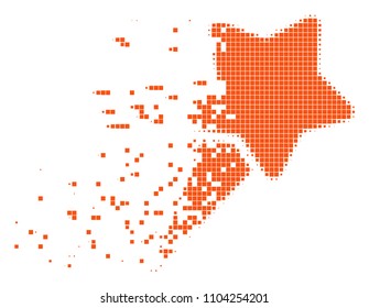 Dissolved starting star dot vector icon with disintegration effect. Square dots are combined into dissolving starting star figure.