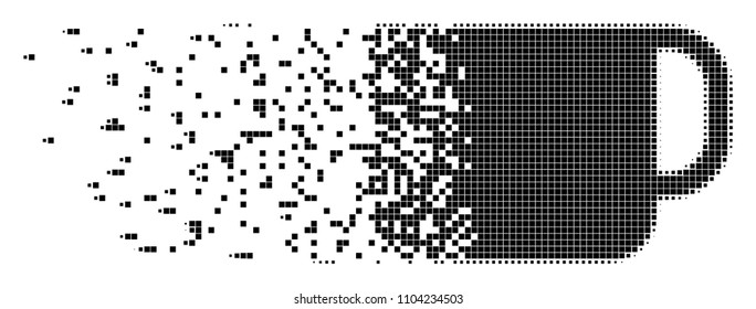 Dissolved tea cup dot vector icon with disintegration effect. Square dots are combined into dissipated tea cup figure.
