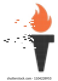 Dissolved torch fire dot vector icon with disintegration effect. Square cells are combined into dispersed torch fire figure.
