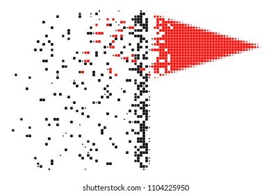 Dissolved triangle flag dot vector icon with disintegration effect. Rectangle fragments are arranged into disappearing triangle flag figure.