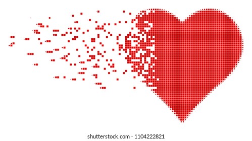 Dissolved valentine heart dot vector icon with disintegration effect. Square items are arranged into dissolving valentine heart figure.