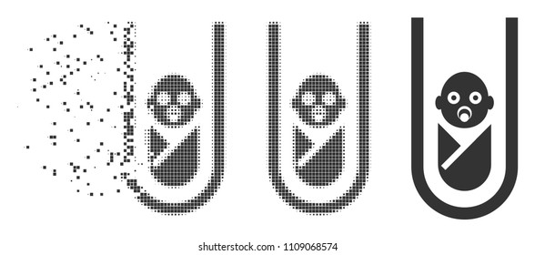 Dissolved in vitro baby dotted icon with disintegration effect. Halftone dotted and undamaged solid grey variants. Dots have rectangle shape.