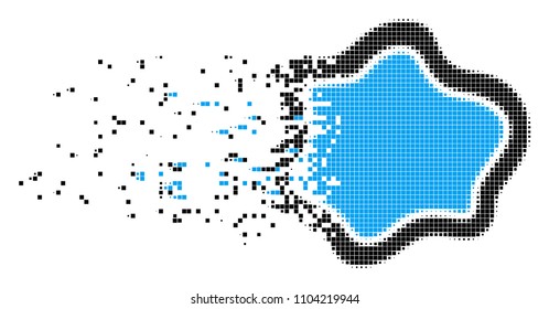 Dissolved water pool dot vector icon with disintegration effect. Square pieces are arranged into disappearing water pool form. Pixel explosion effect shows speed and motion of cyberspace things.