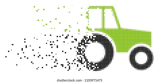 Dissolved wheeled tractor dot vector icon with disintegration effect. Square fragments are composed into damaging wheeled tractor form.