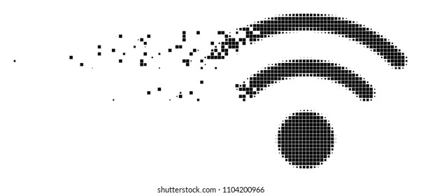 Dissolved Wi-Fi dotted vector icon with disintegration effect. Rectangle fragments are organized into damaging Wi-Fi form.