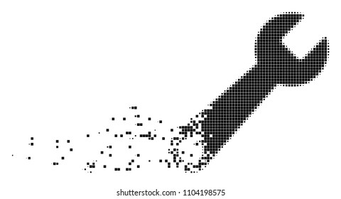 Dissolved wrench dotted vector icon with disintegration effect. Rectangle particles are composed into damaging wrench figure.