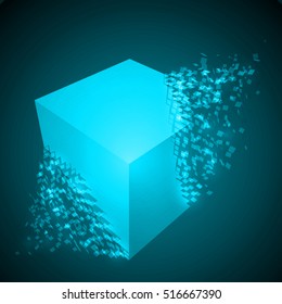 dissolving cube shape illustration. cyan version.