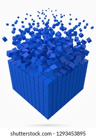 dissolving data block. made with smaller blue cubes. 3d pixel style vector illustration. suitable for blockchain, technology, computer and abstract themes.