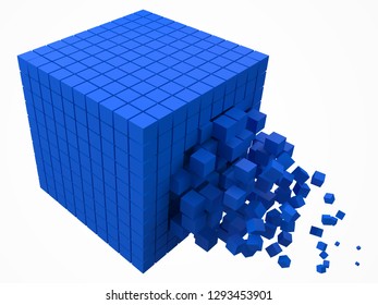 dissolving data block. made with smaller blue cubes. 3d pixel style vector illustration. suitable for blockchain, technology, computer and abstract themes.
