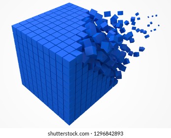 dissolving data block. made with smaller blue cubes. 3d pixel style vector illustration. suitable for blockchain, technology, computer and abstract themes.