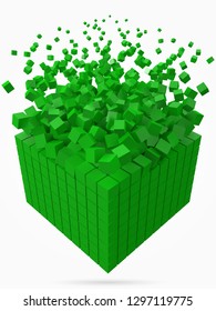 dissolving data block. made with smaller green cubes. 3d pixel style vector illustration. suitable for blockchain, technology, computer and abstract themes.