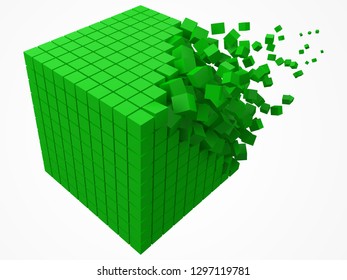 dissolving data block. made with smaller green cubes. 3d pixel style vector illustration. suitable for blockchain, technology, computer and abstract themes.