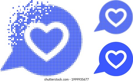 Dissolving dot favourite heart message pictogram with halftone version. Vector wind effect for favourite heart message icon.