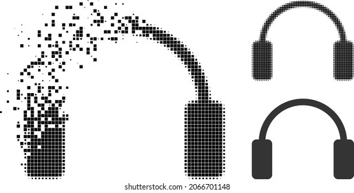 Dissolving dot headphones icon with halftone version. Vector wind effect for headphones pictogram. Pixel dissolving effect for headphones shows movement of virtual concepts.