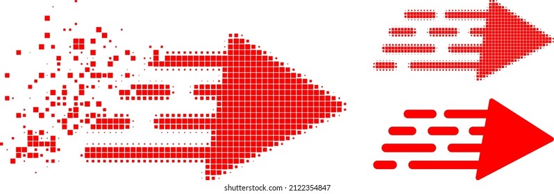 Disolver pictograma de movimiento de precipitación de puntos con versión de semitono. Efecto del viento vectorial para el símbolo de movimiento rápido. El proceso de abrasión pixelada para el movimiento acelerado demuestra el movimiento de los conceptos del ciberespacio.