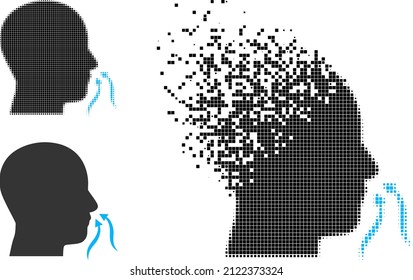 Dissolving dot smell sniffer icon with halftone version. Vector destruction effect for smell sniffer icon. Pixelated disappearing effect for smell sniffer gives movement of cyberspace items.