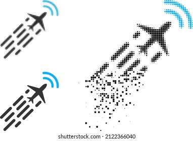 Dissolving dot supersonic airplane flight pictogram with halftone version. Vector wind effect for supersonic airplane flight pictogram.