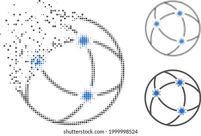 Das Piktogramm des Punktvirus-Netzwerks wird mit der halftonischen Version gelöst. Vektorzerstörungseffekt für Virus-Netzwerk-Piktogramm. Der pixelförmige Bersteffekt für das Virusnetzwerk zeigt die Bewegung virtueller Elemente.